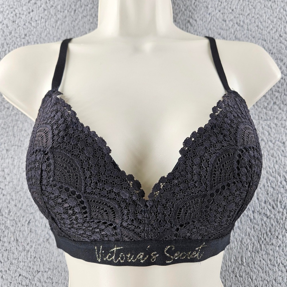 Victorias Secret Lined No Wire Bra Womens 32D Black Floral Lace Wireless Comfort